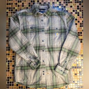 Carhartt Flannel Shirt Mens Small Original Fit Green Plaid‎ Heavyweight Pockets